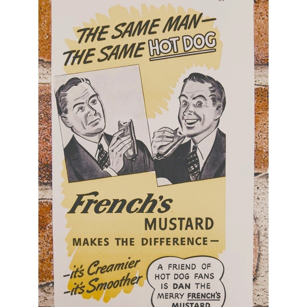 1940 Frenchs Mustard Print Ad Same Man Hot Dog Retro Kitchen‎ Vintage Decor
